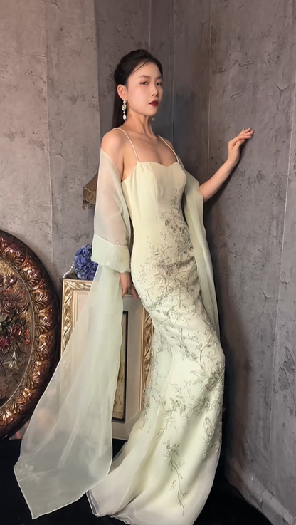 Classy Light Green Spaghetti Straps Tulle Beaded Mermaid Prom Dress Long Birthday Party Dress With Scarf SP1252