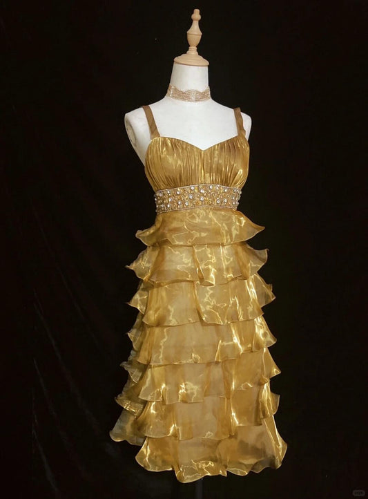 Gorgeous Spaghetti Straps Gold Organza Layered Beaded A Line Short Homecoming Dress Birthday Outfits SP2911
