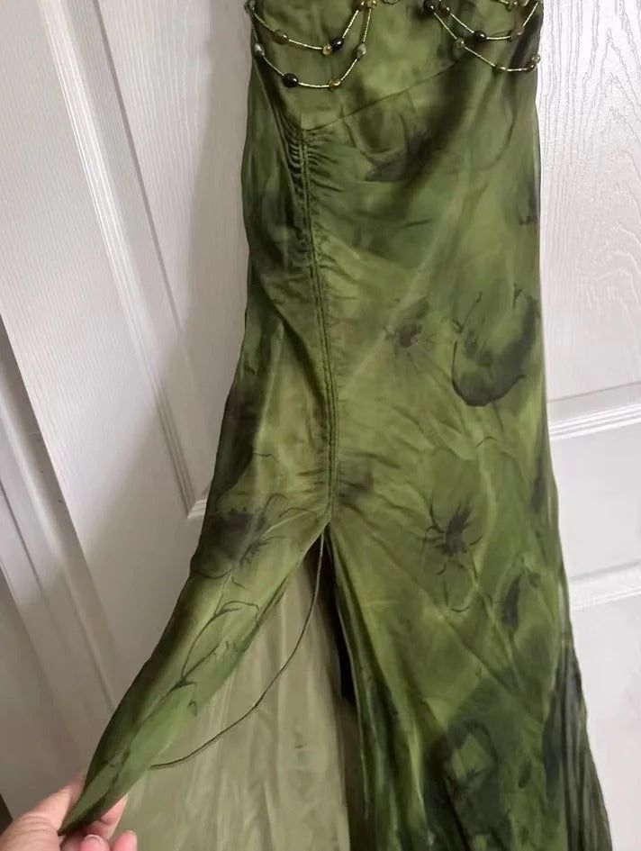 Vintage Spaghetti Straps Green Chiffon Beaded Mermaid Slit Long Prom Dress Birthday Evening Gown SP1811