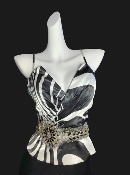 Vintage Spaghetti Straps V Neck Black Satin Long Party Dress Formal Wedding Guest Dress SP417