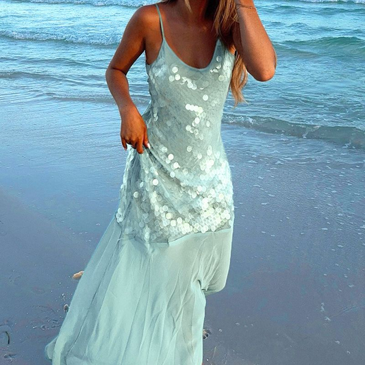 Glamorous Spaghetti Straps Light Green Sequin Chiffon Mermaid Long Party Dress Prom Dresses SP1410