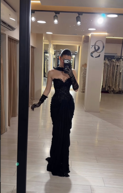 Sexy Black Chiffon Pleated Beaded Sheath Long Party Dress Prom Gown SP4002