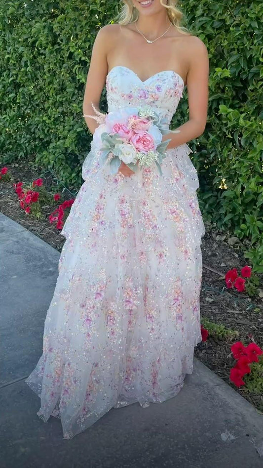 Glitter Sweetheart Neck Tulle Sequin Floral Layered A Line Long Party Dress Birthday Dress SP2658