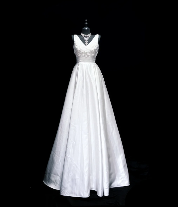 Elegant V Neck Satin Appliques A Line Long Wedding Dress White Bridal Dress Y9851