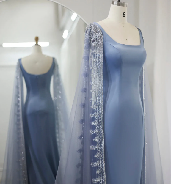 Sparkly Sequin Evening Dresses for Arabic Women Cape Floor Length Mermaid Prom Party Wedding Special Events Dresses  Y4817