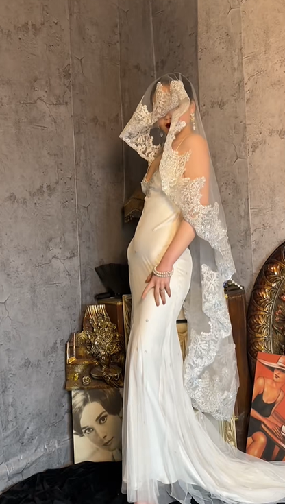 Elegant V Neck White Satin Tulle Beaded Mermaid Long Wedding Dress With Veil SP1256