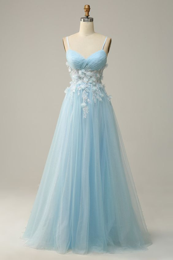 Women Sky Blue Spaghetti Straps A Line Tulle Long Prom Dress Y7032