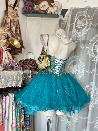 Retro Sweetheart Neck tulle Lace Beaded Short Prom Dress Peacock Blue Short Homecoming Dress SP3810