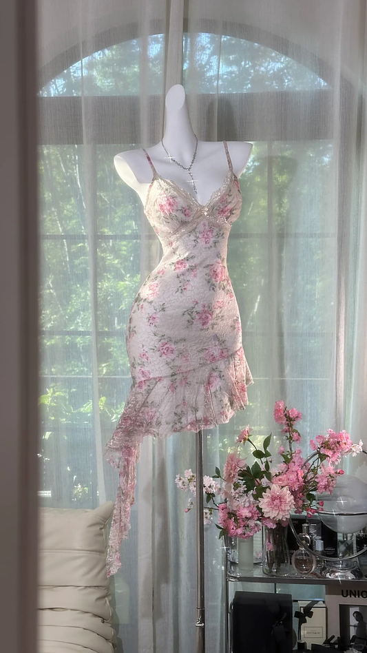 Cute V Neck Spaghetti Straps Chiffon Print Floral Ruffle Short Birthday Outfits Homecoming Dress SP2187