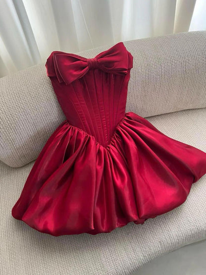 Fashion Red Bow Strapless Satin A Line Short Homecoming Dress Cocktail Dress SP3471