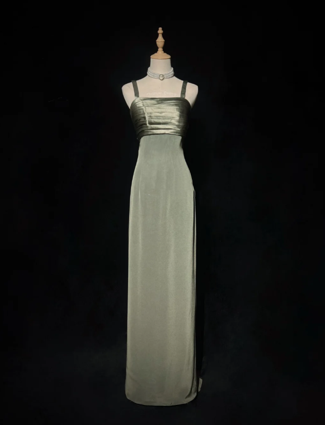 Vintage Spaghetti Straps Olive Green Satin Sheath Long Evening Dress Formal Wedding Guest Dress With Appliques SP1796