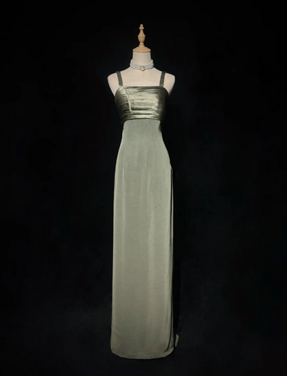 Vintage Spaghetti Straps Olive Green Satin Sheath Long Evening Dress Formal Wedding Guest Dress With Appliques SP1796
