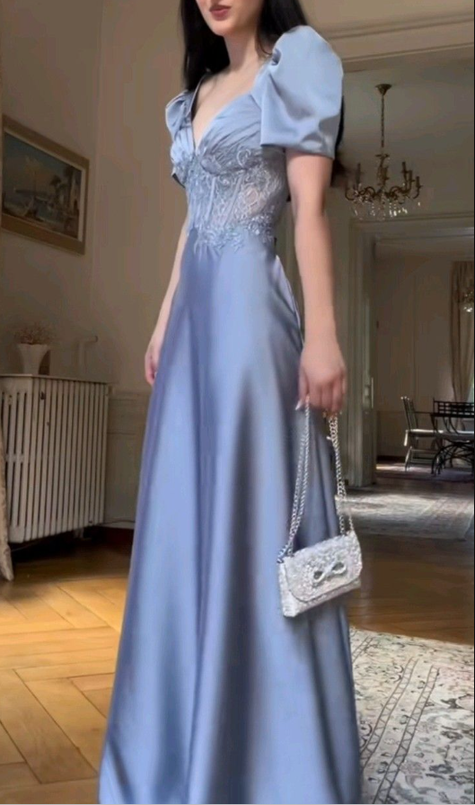 Classy V Neck Blue Satin Lace A Line Long Wedding Guest Dress Formal Birthday Party Dress SP764