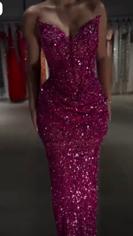 Sparkly Hot Pink Sequin Beaded Mermaid Long Party Dress,Strapless Prom Gown SP3105