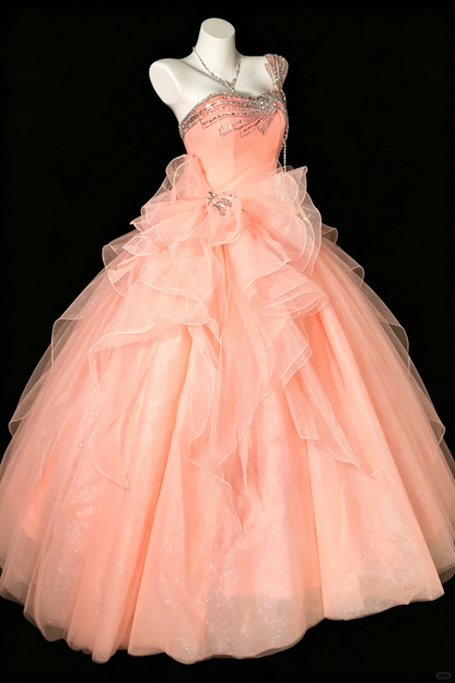 Dreamy Blush Peach One Shoulder Princess Ball Dress Sparkly Rhinestone Bodice Big Ruffle Bow Tulle Quinceanera Dress SP2733