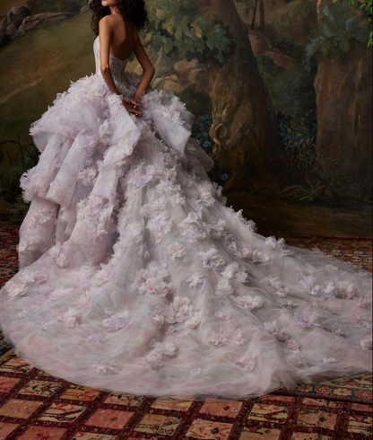 Glamorous Strapless Tulle Pleated Appliques Long Party Dress Lilac And Pink Long Evening Dress SP4031