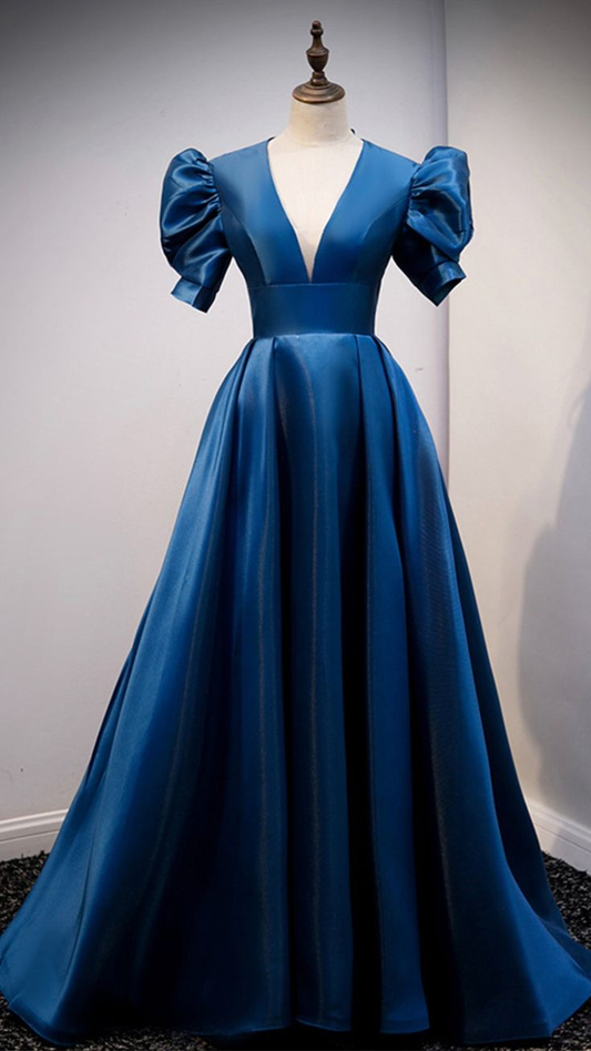 Blue satin long prom dress blue evening dress Y4966