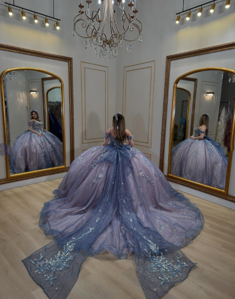 Gorgeous Off The Shoulder Purple Tulle Sequin Appliques Beaded Princess Quinceanera Dress Sweet 16 Dress SP1031