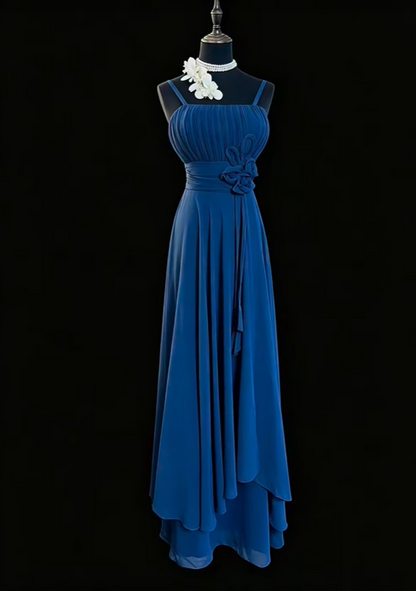 Classy Spaghetti Strap Satin Chiffon Pleated Long Wedding Guest Dress Navy Blue Party Dress SP2766