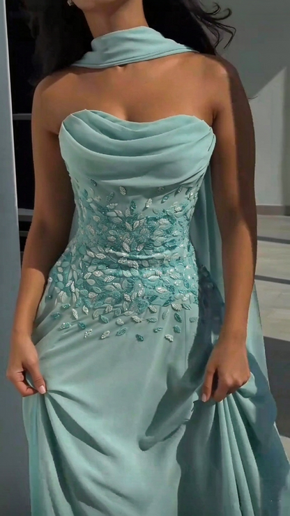 Elegant Strapless Mint Green Chiffon Beaded Slit Long Party Dress Prom Gowns SP4272