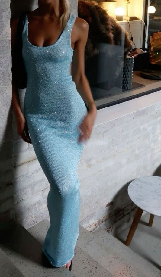 Chic Sequin Sheath Blue Long Prom Dress Evening Dress Y7754