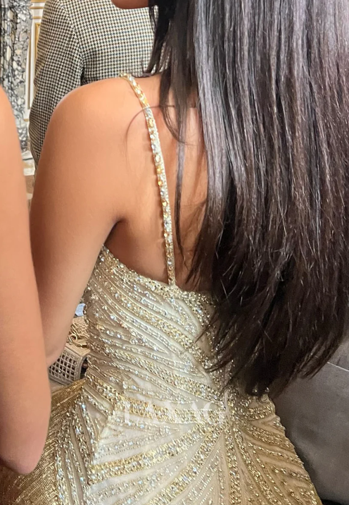 Luxurious Spaghetti Straps Sequin Beaded Tassel Gold Long Evening Dress Prom Gown SP792