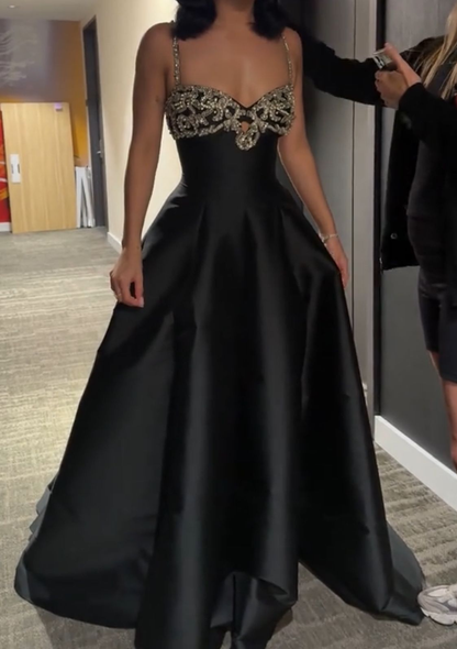 Stylish Spaghetti Straps Black Satin Beaded A Line Long Party Dress Birthday Outfits SP1033