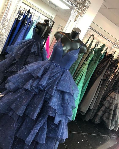 V Neck Backless Dark Navy Long Prom Dresses, Backless Dark Navy Formal Dresses Y5853