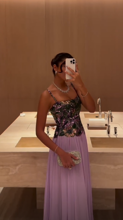 Sparkly Spaghetti Straps Purple Sequin Chiffon Long Party Dress Birthday Prom Dress SP3992