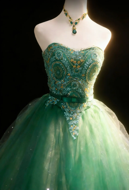 Chic Strapless Green Tulle Sequin Beaded Long Evening Dress Formal 16th Birthday Outfits SP1843