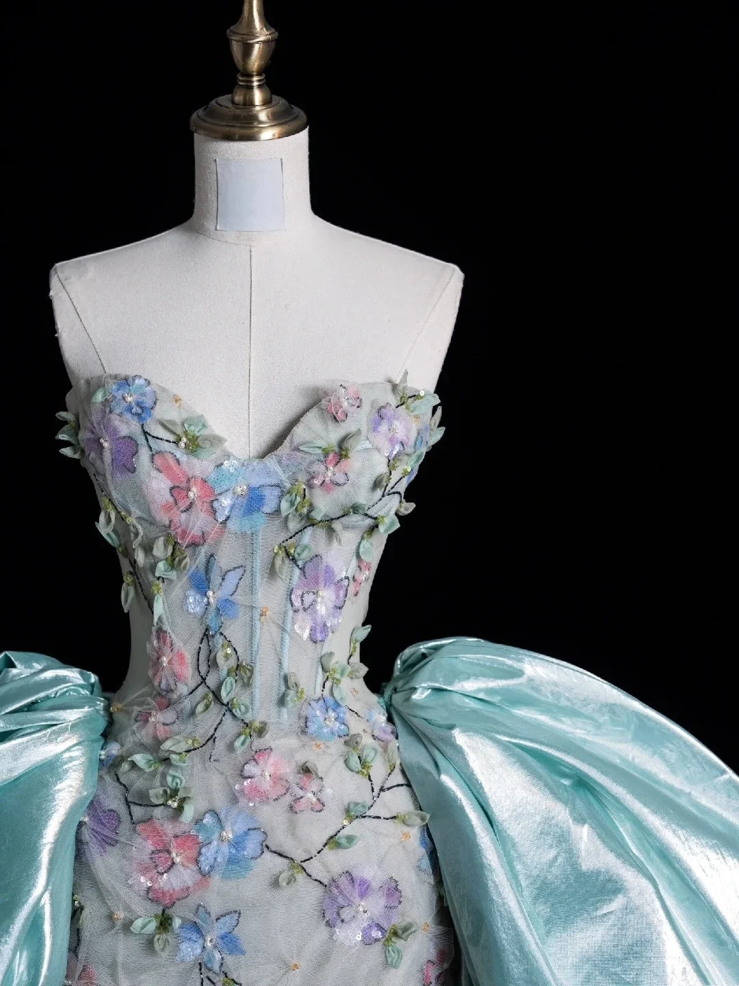 Charming Strapless Tulle Floral Mermaid Long Party Dress Mint Green Long Evening Dresses SP4102