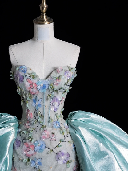 Charming Strapless Tulle Floral Mermaid Long Party Dress Mint Green Long Evening Dresses SP4102