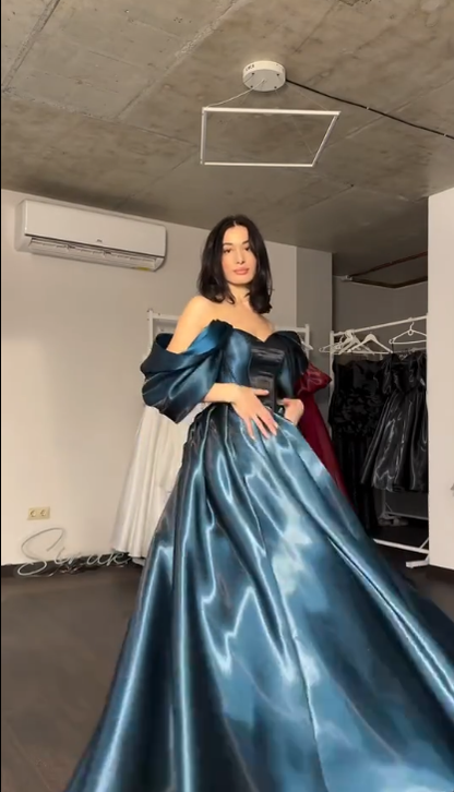 Elegant Off The Shoulder Ball Gown Blue Satin Long Party Dress Birthday Dress SP2144