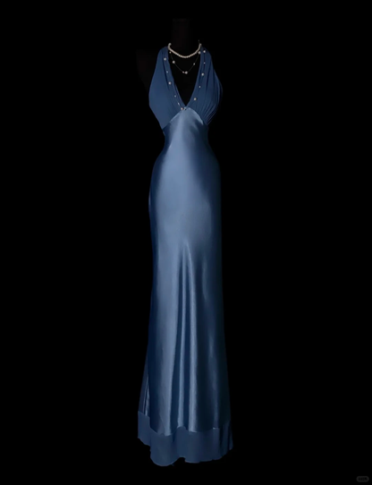 Classy Halter V Neck Satin Chiffon Mermaid Long Party Dress Blue Long Birthday Prom Dress SP4063