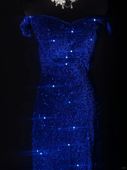 Sparkly Royal Blue Sequin Mermaid Party Dress,Off The Shoulder Long Wedding Guest Dress SP3161