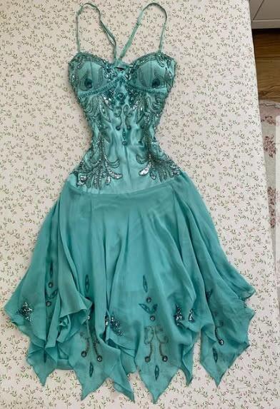 Pretty Blue Satin Chiffon Beaded Short Birthday Outfits,Formal Graduation Homecoming Dress SP3469