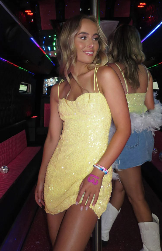 Sparkly Spaghetti Straps Yellow Sequin Short Homecoming Dress Short Prom Gown SP2883