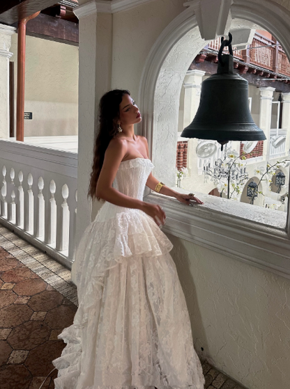 Classy Strapless White Lace Long wedding Dress Bridal Dress SP1115