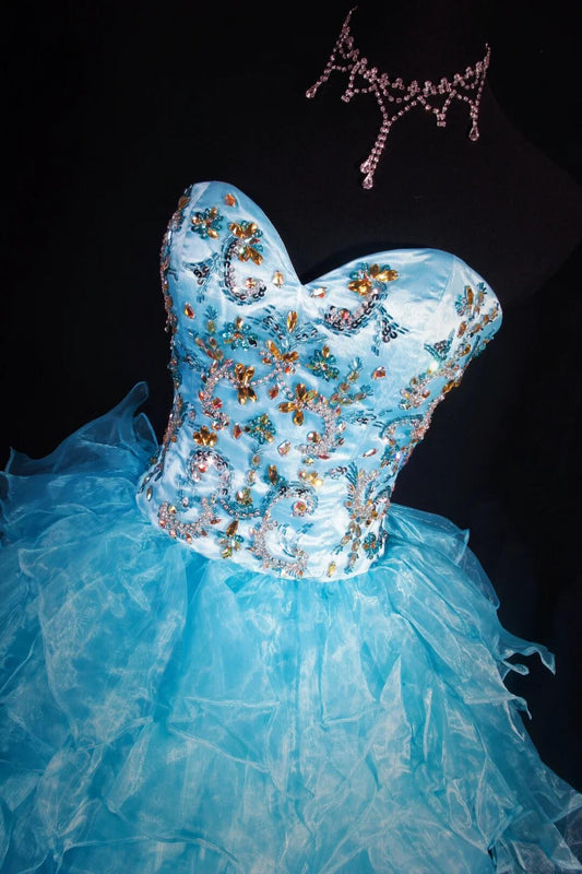 Pretty Sweetheart Neck Satin Tulle Beaded Short Birthday Outfits,Light Blue A Line Short Homecoming Dress SP2833