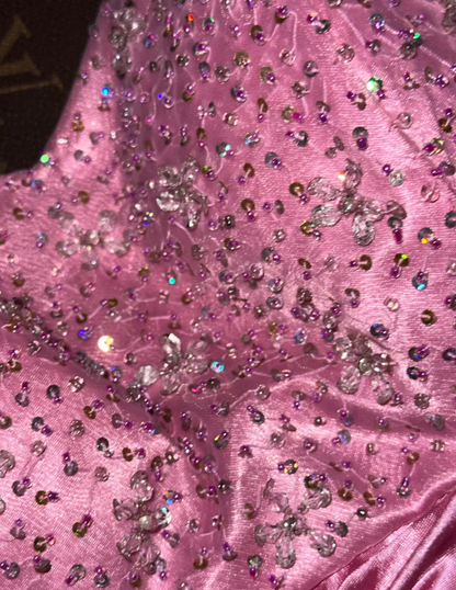 Charming Pink Strapless Satin Beaded Mermaid Evening Dress Birthday Prom Gown SP729