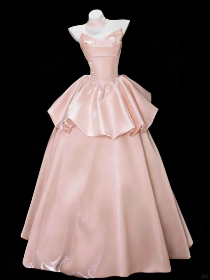 Pretty Strapless Pink Satin A Line Long Party Dress Prom Dress SP2541