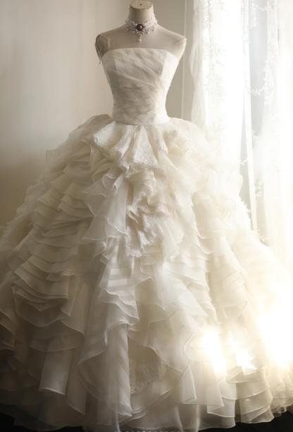 Pretty Strapless Chiffon Lace Layered White Wedding Dress SP1206