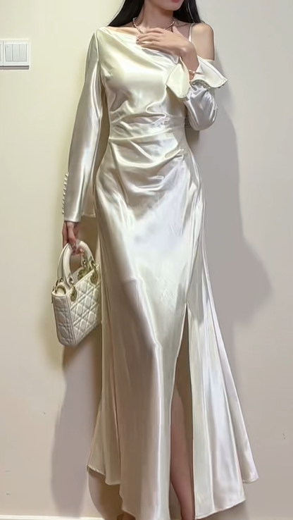 Chic White Off The Shoulder Satin Slit Mermaid Party Dress Long Prom Dresses SP428