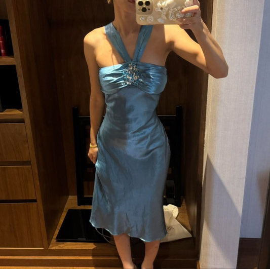 Fashion Halter Blue Satin Beaded Party Dress Long Wedding Guest Dress SP3030