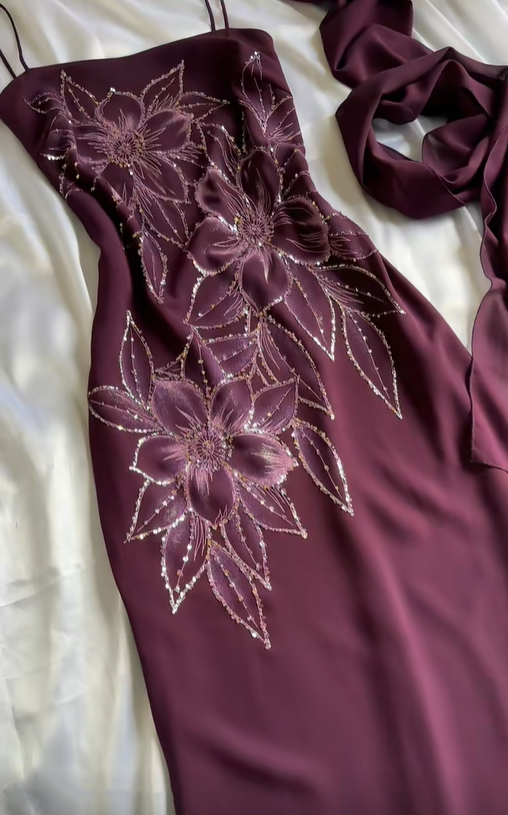 Retro Spaghetti Straps Purple Chiffon Sequin Floral Long Party Dress Prom Gown With Scarf SP2243