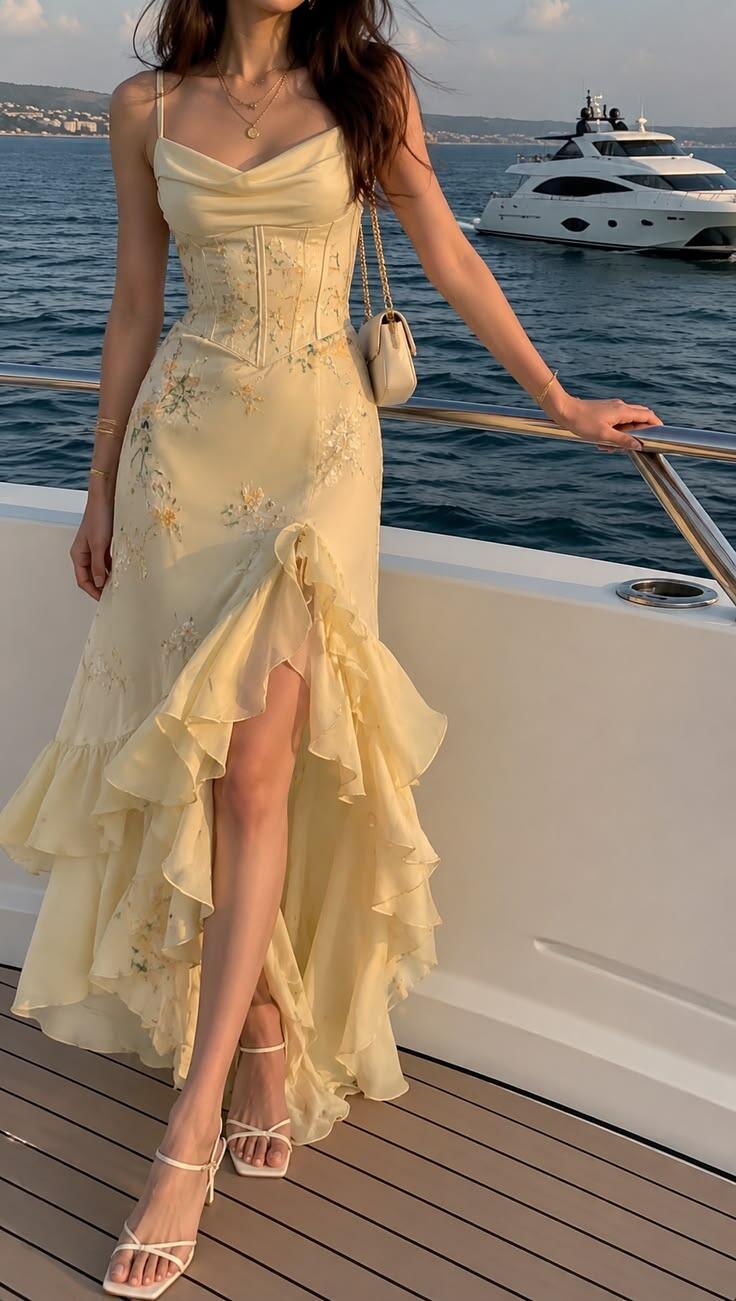 Spaghetti Straps Satin Floral Chiffon Ruffle Mermaid Prom Gown,Yellow Long Party Dress SP2544