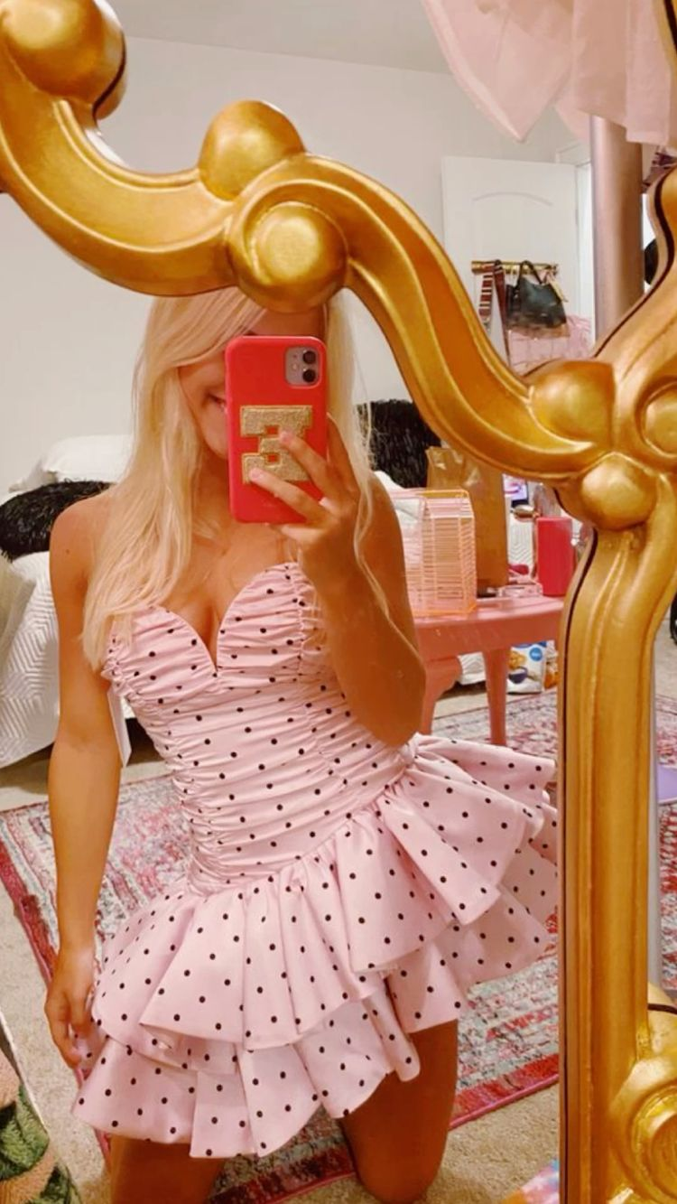 Bohemian Mini Dress,Pink Dot Short Homecoming Dress,Pink Tiered Dress Y2001