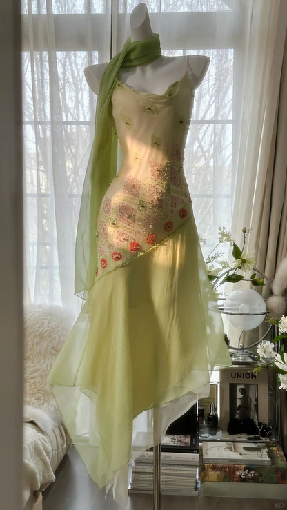 Classy Green Spaghetti Straps Chiffon Beaded Mermaid Long Evening Dress 18th Birthday Outfits SP1731