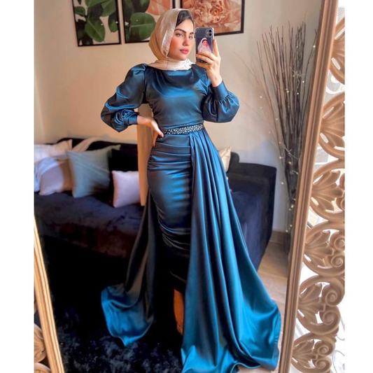 Arabic Evening Dress Muslim High Neck Waist Beaded Long Sleeves Y4937