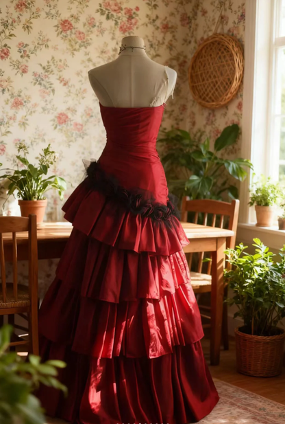 Vintage Red Strapless Satin Layered Mermaid Long Prom Dresses Evening Dress SP1174